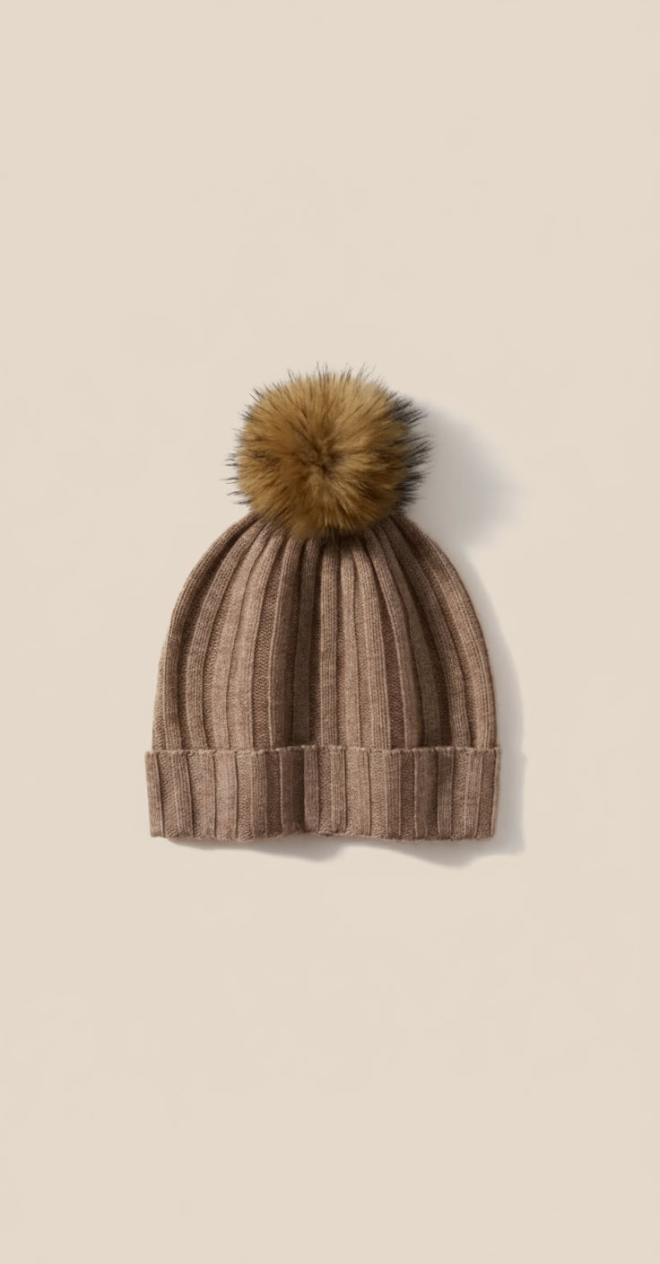 Wool-Cashmere Beanie with Fur Pom